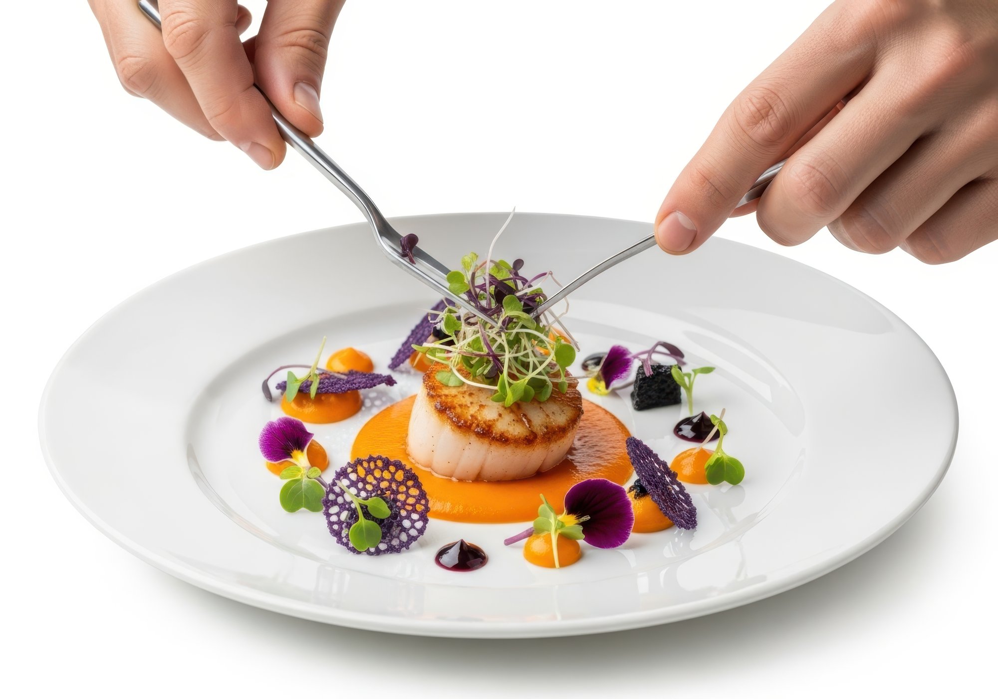 Hands plating a modern dish