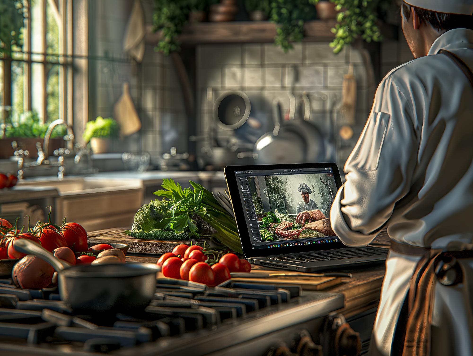 Chef demonstrating technique via laptop